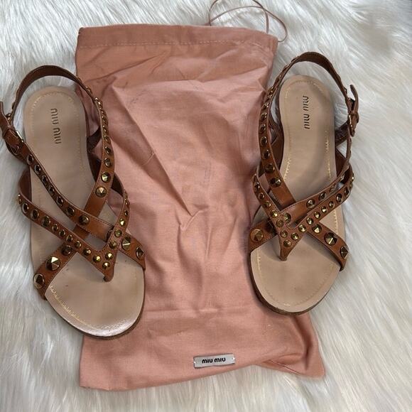 Miu Miu Brown Gold Studded Leather Sandals - Picture 9 of 9